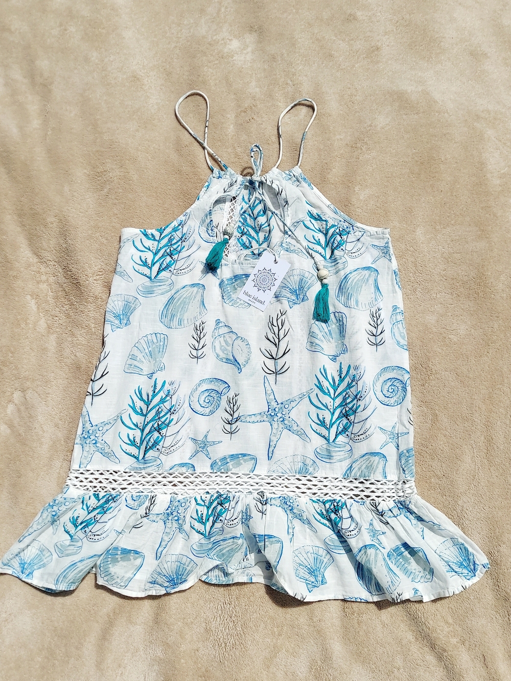 Blue Island White & Blue Seashell Print Halter Beach Sundress Women Size XS NWT - Picture 4 of 8